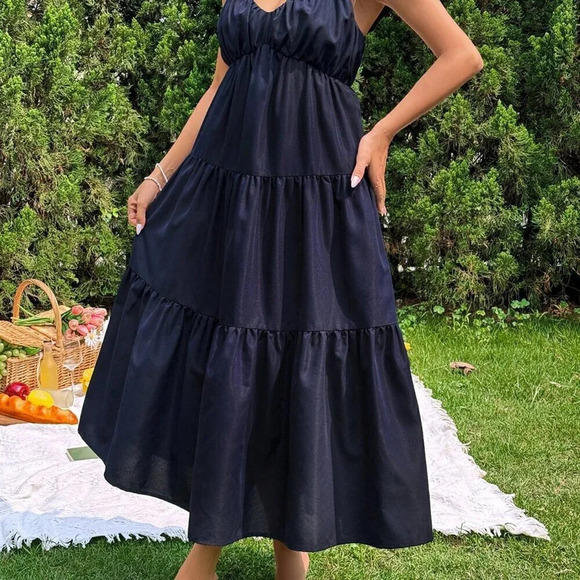 Navy Blue Casual Women's Loose Spaghetti Strap Flutter Sleeve Midi Dress - Picture 6 of 7